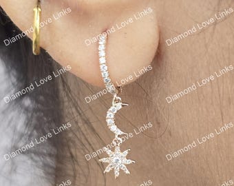 Natural Diamond Crescent Moon Starburst Dangle Earrings Rose Gold 14K Party Wear Jewelry