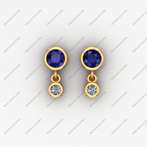 Blauwe saffier stud diamanten drop oorbellen, 14K geelgouden kleine oorbellen, edelsteen studs, minimalistische sieraden cadeau voor haar 7 mm