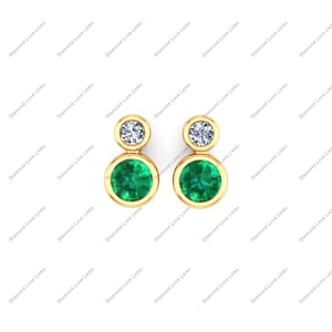 Minimalist Stud Earrings, Solid Yellow Gold Emerald Diamond Studs, Tiny Stud Earrings, Emerald Studs, Party Wear Jewelry Gift for Her