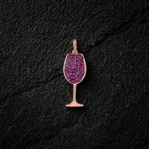 14k Gold Wine Glass Pendant, Pave Ruby Red Stone Wine Charm, Fine Jewelry Gift for Wine Lovers, Rose Gold Wine Glass Necklace, Small Charm