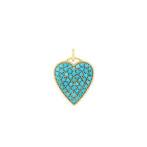 May include: A gold heart-shaped pendant, filled with small, round, turquoise stones. The pendant has a small loop at the top for a chain. The heart shape is outlined in gold.