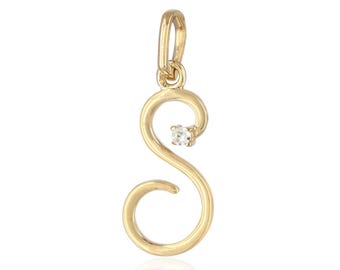 Colgante con inicial y diamante en oro macizo de 14 quilates / Delicado colgante con letra