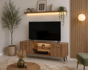 Modern MDF TV Stand – Minimalist Media Console with Walnut Finish – Mid Century Style Entertainment Unit
