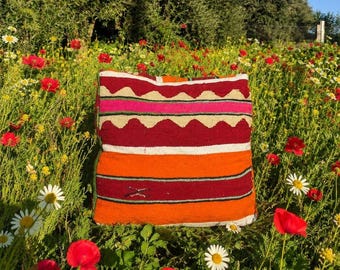 Handgefertigter marokkanischer Kelim-Kissenbezug, authentisches Berber-Boho-Dekokissen