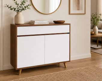 Modern Shoe Storage Cabinet | Walnut & White Entryway Organizer | MDF Furniture | Handmade Home Decor