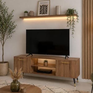 Mueble para TV moderno con acabado en nogal – Consola multimedia de estilo de mediados de siglo