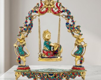 Messing Krishna Swing Handgemaakte Laddu Gopal Jhula Tempel Pooja Decor Spirituele Gift
