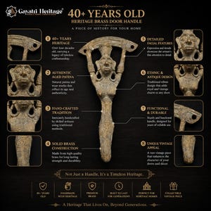 May include: A brass door handle featuring a central anthropomorphic figure with detailed facial features, raised arms, and an aged patina. The image includes text labels describing the item as a 40+ years old heritage brass door handle.