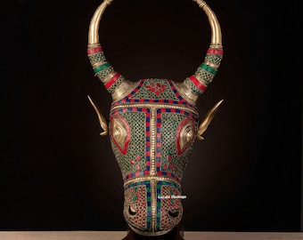 Figura de cabeza de Nandi de latón: decoración tradicional de Shiva, arte en piedra / Patrimonio Gayatri