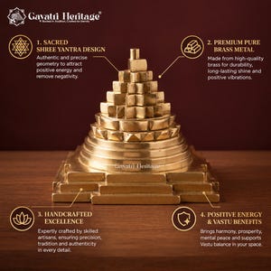 May include: A pyramid-shaped Shree Yantra sculpture made of polished brass. The object features a stepped, geometric design with a square base and a pointed top. Text labels on the image describe the sacred design, brass metal, and craftsmanship.