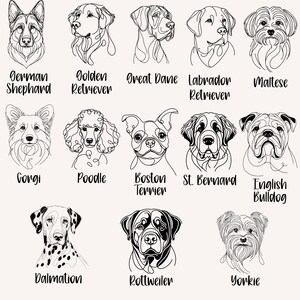 Puede incluir: Una colecci&oacute;n de dibujos lineales en blanco y negro de varias razas de perros, incluyendo un Pastor Alem&aacute;n, Golden Retriever, Gran Dan&eacute;s, Labrador Retriever, Malt&eacute;s, Corgi, Caniche, Boston Terrier, San Bernardo, Bulldog Ingl&eacute;s, D&aacute;lmata, Rottweiler y Yorkie. Cada dibujo est&aacute; etiquetado con el nombre de la raza.