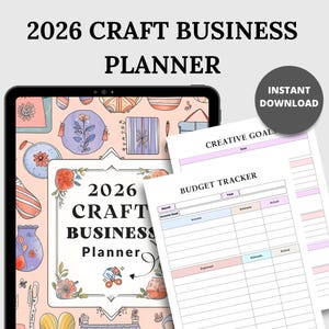 Puede incluir: Un planificador digital de negocios de artesanía para 2026, que se muestra en una tableta y páginas impresas. El planificador incluye secciones para objetivos creativos y seguimiento del presupuesto. La portada presenta ilustraciones florales y el texto "2026 Craft Business Planner". Un botón dice "Descarga instantánea".