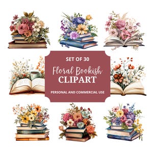 Puede incluir: Una colección de imágenes prediseñadas florales en acuarela con libros y flores. La imagen incluye pilas de libros cubiertas con ramos de rosas, margaritas y otras flores. El texto dice "SET OF 30 Floral Bookish Clipart".