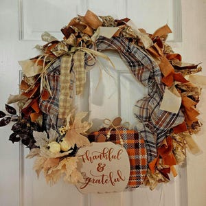 Farmhouse Fall Rag Wreath, Fabric Wreath, Fall Fabric Wreath, Thankful and Grateful, Fall Decor, Fall Front Door Wreath, Handmade,Wreath