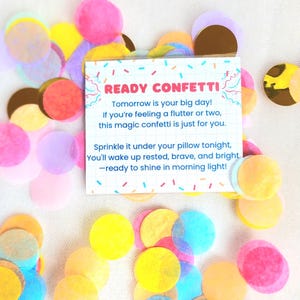 Peut inclure: Des confettis colorés roses, jaunes, bleus et dorés entourent une petite carte. La carte indique "READY CONFETTI" avec un texte encourageant l'utilisateur à saupoudrer les confettis pour une journée spéciale. Les confettis sont éparpillés sur une surface blanche.