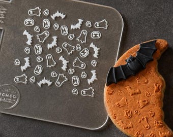 Sello para galletas de Halloween, sello para galletas de calabaza con murciélago fantasma, sello para fondant con diseño espeluznante, herramienta para hornear de Halloween