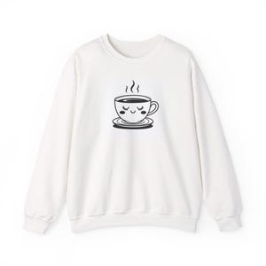 Smiling Tea Cup Crewneck Sweatshirt, Cute Steaming Hot Beverage, Happy Tea Lover Apparel, Warm Winter Jumper, Tea or coffee Time