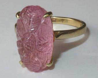 Natürliche Blume Geschnitzte Rosa Turmalin In 14K Gelb Gold Ring. Größe 21 cm