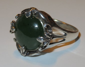 Natural Green Jade In Filigree Sterling Silver Cocktail Ring. Size 7.75