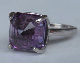 Square Pyramid Purple Amethyst Reverse Set In Sterling Silver Ring 6.77ct. Size 7