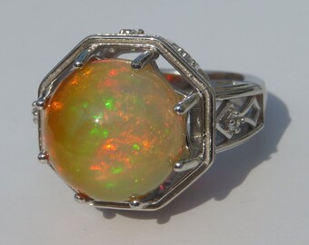 Atemberaubender Zweifarbiger Kostbarer Opal "Solar Eclipse" Ring Aus Sterling Silber, Weiße Topase, 8.61ct. Größe 20cm