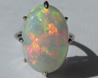 Extra Large Color Play Opal Ring In 14K White Gold Cocktail Ring, 8.58ct. Size 8