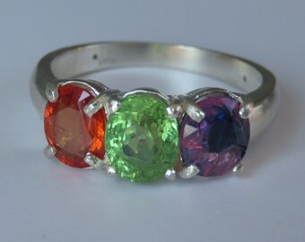 Three Stone "Fall Harvest" Natural Purple, Orange Sapphires, Green Tsavorite In Sterling Silver Ring. Size 7.25