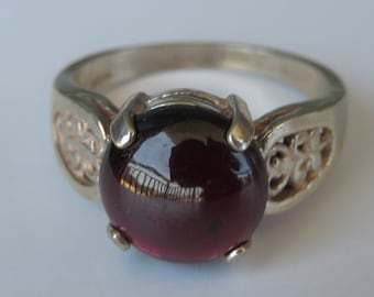 Deep Red Wine Natural Garnet In Filigree Sterling Silver Ring. Size 7