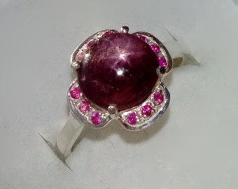 Natural Red Brown Star Ruby, Natural Pink Rubies In Sterling Silver Flower Ring, 3.4ct. Size 7.