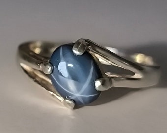 Natural Blue Star Sapphire In Sterling Silver Ring. Size 6.5