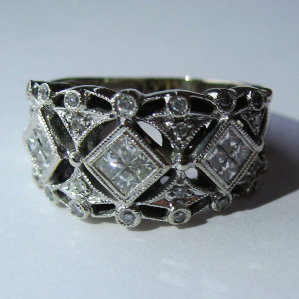 Art Deco Style Diamond 14K White Gold Cocktail  Ring Size 8.75