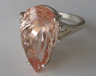 Rare Large Natural Salmon Pear Morganite Cocktail Ring In Sterling Silver 7.70ct. Size 6.25