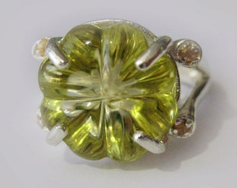 Stunning Carved Flower Lemon Quartz, Yellow Sapphires Ring In Sterling Silver, 11.08ct. Size 7