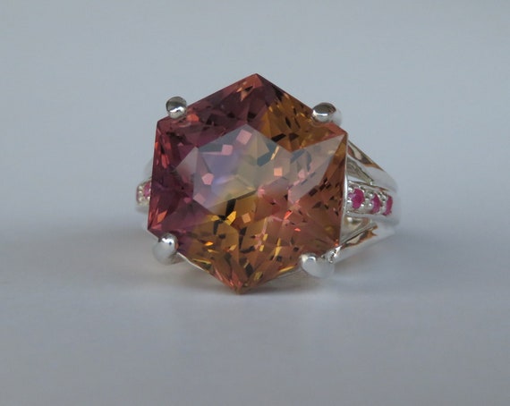 Large Natural Hexagon Star Carving Ametrine, Rubies In Sterling Silver "Intense Sunset" Cocktail Ring, 14.31ct. Size 6.75