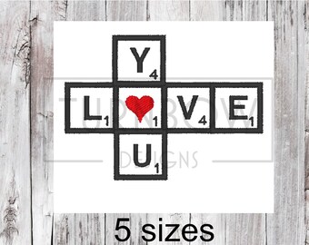 Scrabble tiles Love you with heart machine embroidery download pattern to be used on an embroidery machine Valentines Day Pattern