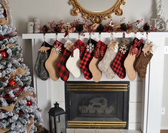 Christmas at the Cabin rustic stockings with embroidered name tag- you choose 1 stocking - mix and match to make your set