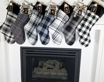 Personable Christmas Stocking in plaid white and black flannel, choose 1, chalkboard name tag