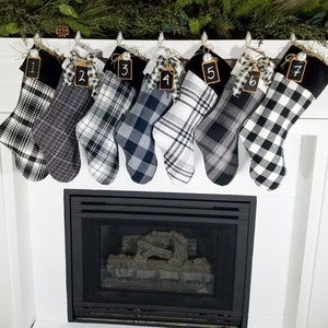 Personable Christmas Stocking in plaid white and black flannel, choose 1, chalkboard name tag