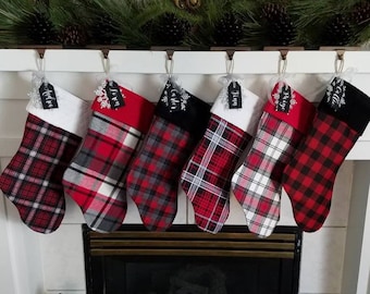 Choose 1 lumberjack collection Christmas stocking, farmhouse plaid, farmhouse Christmas, burlap and plaid, you pick your design, embroidered