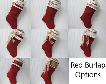 Style F Burlap Stocking with Red Accents