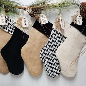 Black, gold, and cream with embroidered name tag, choose your own set, embroidered stocking, Personalized Christmas Stocking