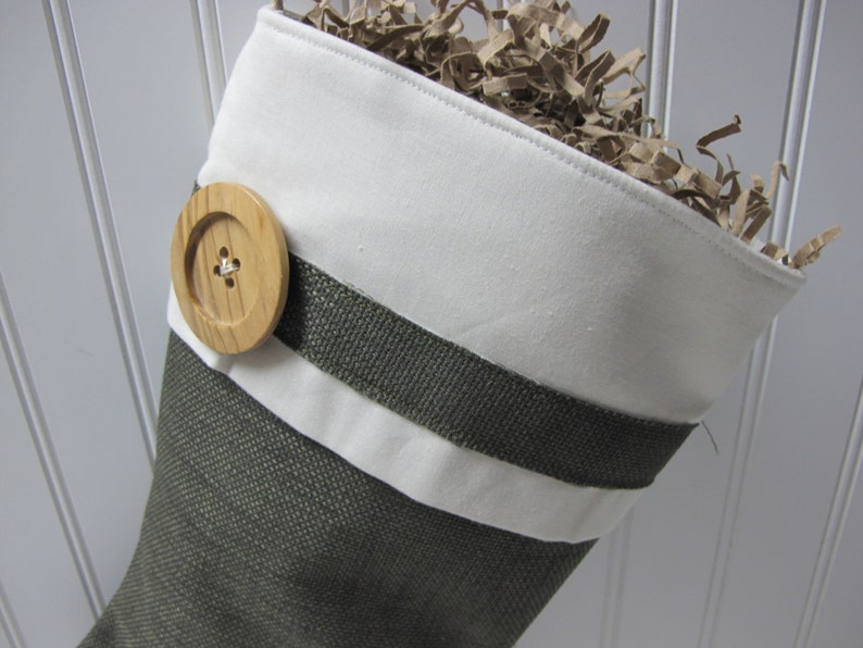 Green burlap stocking with large wood button image 2