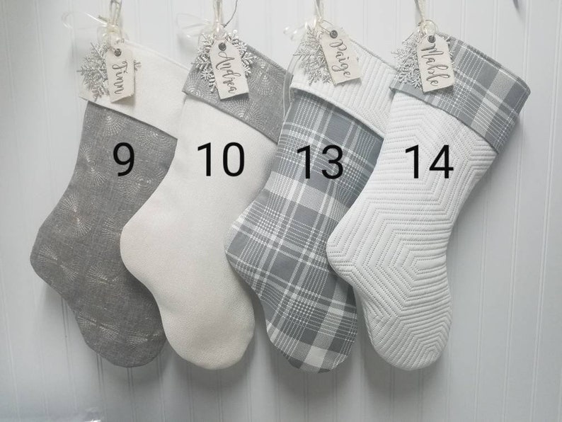 Christmas stockings in grey and white with embroidered name tags Choose 1 stocking Add different stockings to make your own set. image 9