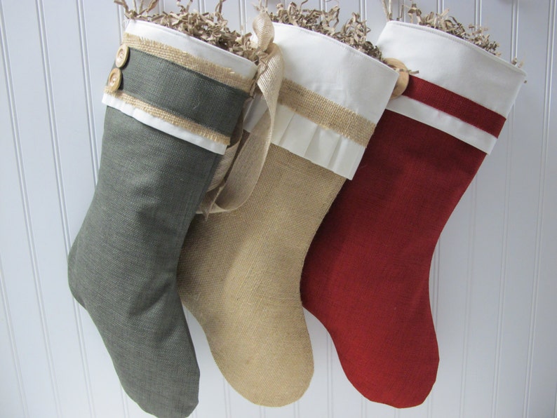 Green burlap stocking with large wood button image 4