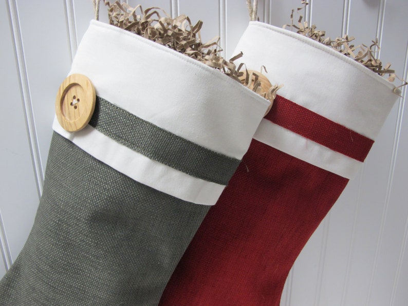 Green burlap stocking with large wood button image 3