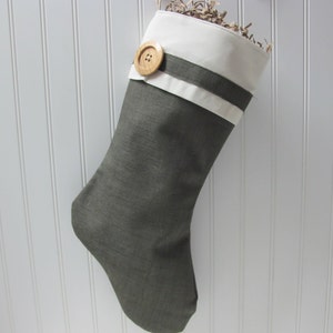 Green burlap stocking with large wood button image 1