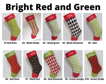 Stocking Christmas Bright Red and Green Custom Stockings, Choose 1, Make your own set, Bright colors, family friendly stocking