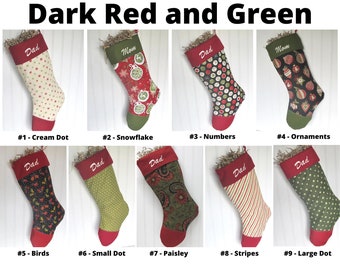 Dark Red and Green traditional Christmas Stockings, make your own set, design your own stocking, embroidered stocking, personalized stocking