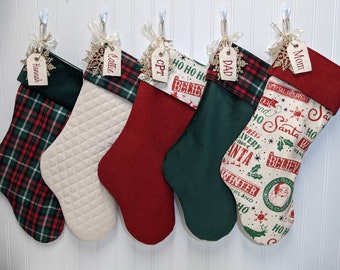 Christmas stocking choose 1 classic Christmas red and green plaid stocking options embroidered tag personalized