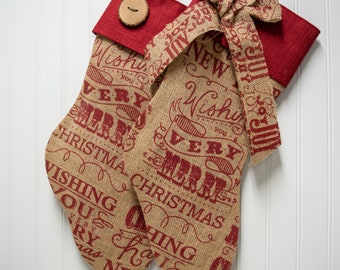 Merry Christmas printed burlap with red cuff and choice of bow, button, or plain